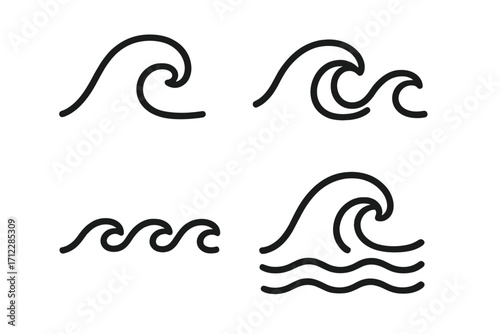 Wave icon set. Linear ocean, sea, and water symbols. Vector cartoon illustration bundle of various wave shapes. Surf, tide, and flow concept for graphic design elements.