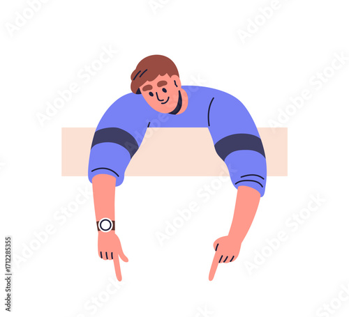 Smiling man peeping, leaning over and behind board, pointing down with fingers, advertising hand gestures. Person looking and showing, peeking. Flat vector illustration isolated on white background