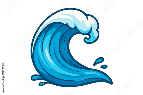 Big ocean wave vector illustration. Cartoon sea water surf icon. Blue tidal wave graphic symbol for logo design. Powerful nature element. Marine storm, tsunami concept art.