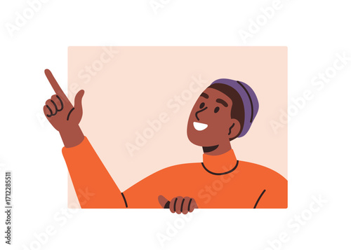 Curious man pointing with finger, peeking out. Happy smiling person looking, watching and showing with hand gesture, peeping from behind. Flat vector illustration isolated on white background