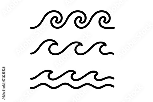 Set of simple wave icons. Linear water symbols collection. Ocean, sea, and surf doodle elements. Abstract flow and ripple signs. Minimalist vector graphic illustration.