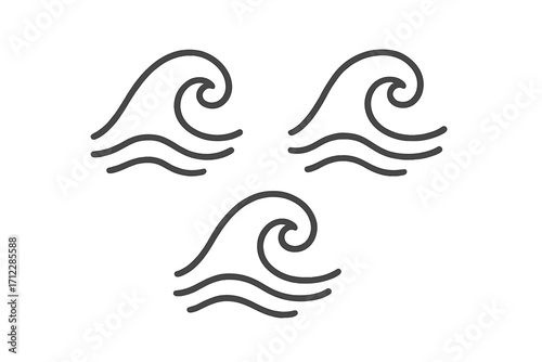 Set of simple wave icons. Water, sea, ocean symbols. Linear vector drawing collection. Minimalist doodle nature sign for surf, tide, current, flow. Abstract graphic illustration.