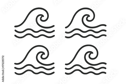 Wave icon set. Water symbol collection. Sea, ocean, surf sign. Aqua, flow, liquid concept. Simple line art pictogram. Minimalist nature logo element. Vector illustration.