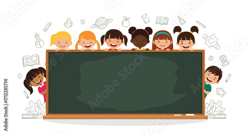 Children peeking over a blackboard with school related doodles.