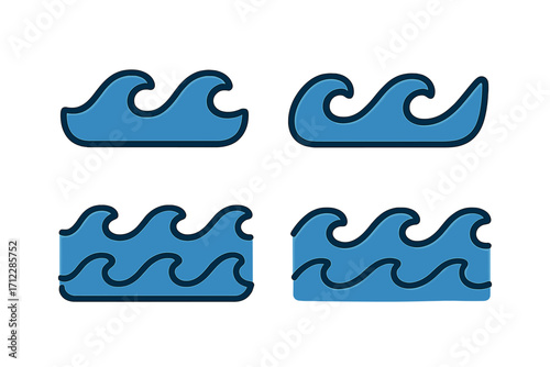 Set of blue wave icons. Water symbol collection. Sea and ocean sign for nature, travel or surf themes. Vector cartoon illustration of liquid flow, ripple, or tide graphic.
