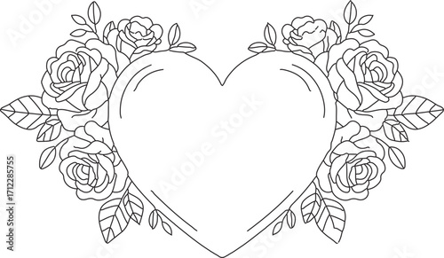 Flat vector illustration of heart with roses floral frame outline symbolizing romance, wedding invitation, love greeting, and Valentine decoration  