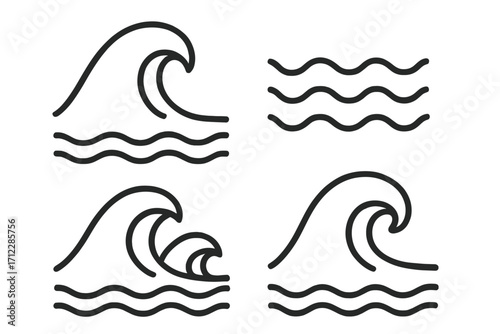 Wave line icon set. Simple water, ocean, sea signs. Vector collection of outline surf symbols. Minimalist storm, tsunami, tide and aqua flow graphics for marine concepts.