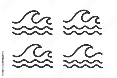 Wave icon set. Ocean sea water sign symbol. Simple line art style. Vector graphic design element for logo or pictogram. Flowing liquid, surf, tide and current concept.