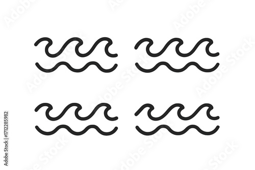 Set of wave icons. Water sign and sea symbol collection. Line art vector of ocean flow, river current, and surf. Minimalist aquatic graphic element. Abstract liquid ripple pattern.