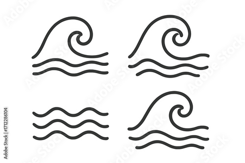 Set of blue wave icons. Water symbol collection. Sea, ocean, surf, and tsunami signs. Vector cartoon illustration for logo design. Abstract liquid flow and swirl graphic element.