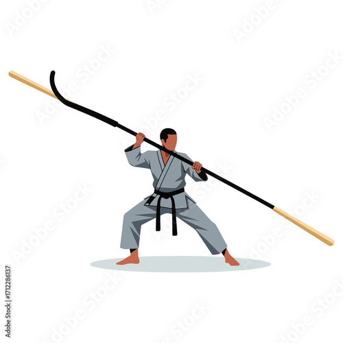 Karate practitioner demonstrating bo staff techniques with focused intensity.