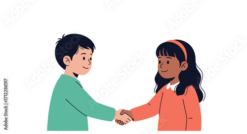 Two children shaking hands as a sign of friendship and agreement.