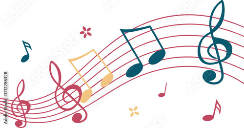 Vibrant musical notes and clefs dance across a flowing red staff conveying a sense of joyful melody and artistic expression Art & Illustration