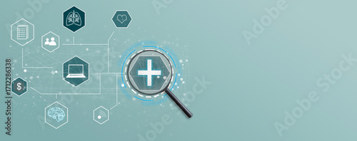 Magnifying glass focus on Plus sign and minus sign around. Addition and positive mindset thinking such as profit, benefits, development, CSR represented, motivation, increase concept and copy space.