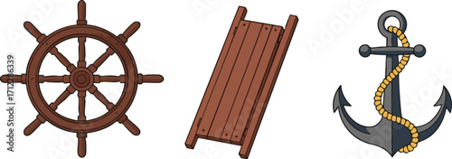 Nautical themed objects including a ship's wheel, wooden ladder, and anchor with rope, evoking a sense of adventure and maritime history.