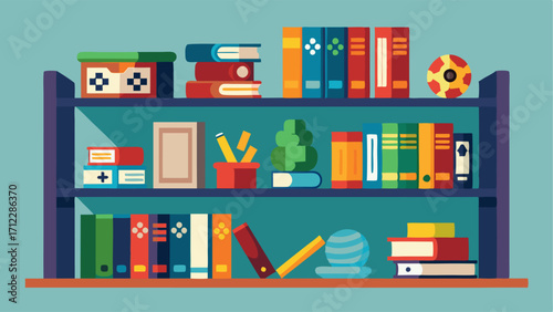 A shelf stocked with board games and books for students to use during their downtime.