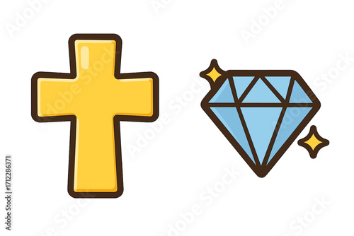 Faith versus mammon concept. Christian cross and diamond icon set. Choice between spiritual and material wealth. Religion or money. Flat cartoon vector illustration.