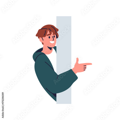 Happy man pointing with finger, peeking, looking, hiding behind wall. Smiling curious male character peeping with curiosity, joy for advertising. Flat vector illustration isolated on white background