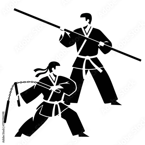Martial arts practitioners demonstrating combat techniques with weapons.