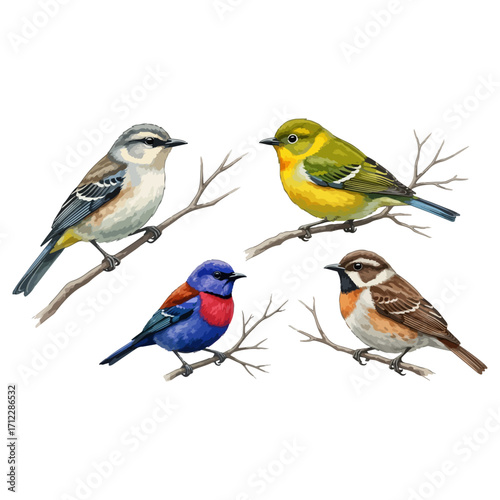Colorful birds perched on branches, vibrant avian portraits.