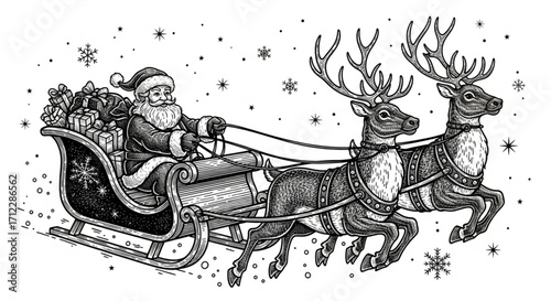 Santa Claus Riding Sleigh Pulled by Two Reindeer - Christmas Spirit Engraving Style AI Raster Illustration