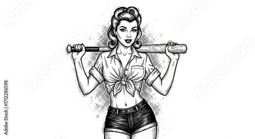Pin-Up Girl with Tied Shirt and Bat Over Shoulders - Engraving Style AI Vector Illustration