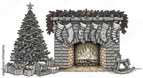 Engraving Sketch Festive Christmas Fireplace with Socks, Tree, and Holiday Gifts Illustration