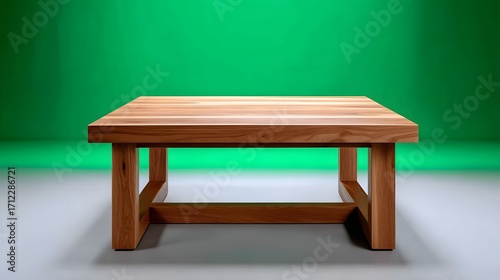 Sleek, modern wooden table with clean lines and a minimalist design, set against a vibrant green background for a simple, contemporary feel.