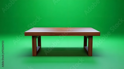 A sleek, modern wooden table in a minimalist design, set against a vibrant green background for a clean, contemporary presentation.