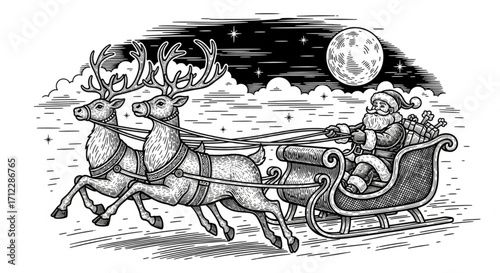 Santa Claus Riding Sleigh Pulled by Two Reindeer - Christmas Spirit Engraving Style AI Raster Illustration