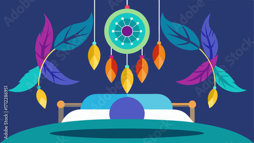 A dreamcatcher hanging above the bed made with colorful feathers and beads.