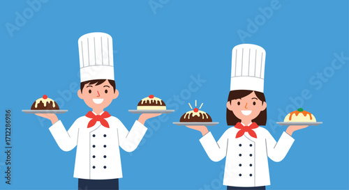 Two smiling chefs holding delicious desserts in celebration of culinary arts.