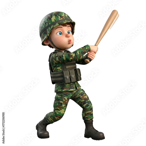 Cartoon soldier character swinging baseball bat ready for action and combat