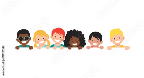 A diverse group of happy children peeking over a white banner.