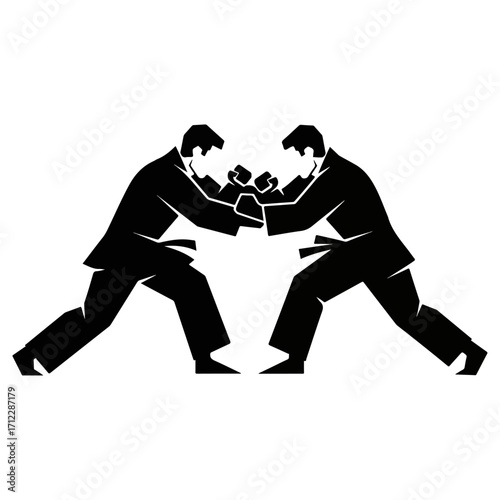 Two men in suits fighting, business competition concept.
