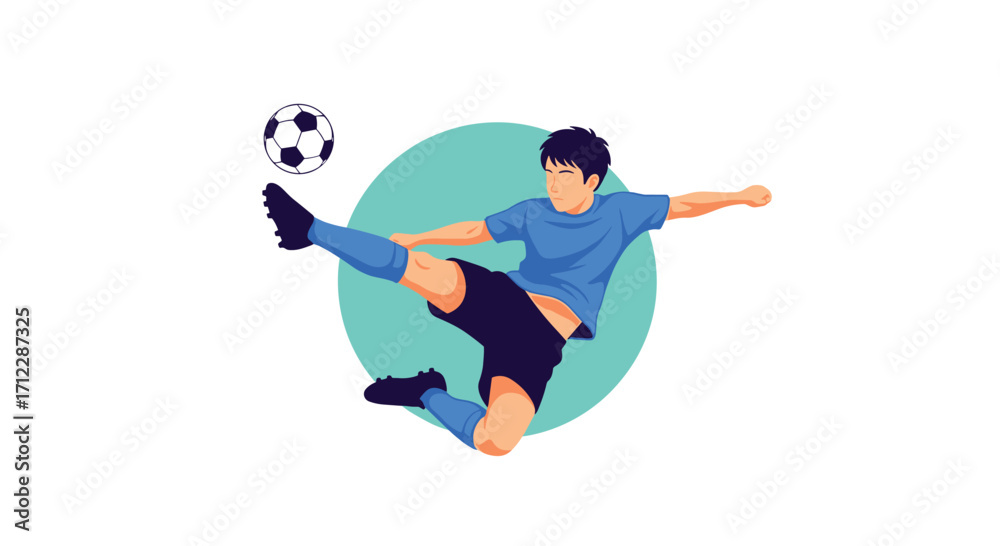 Fototapeta premium A young athlete performs a dynamic kick on the soccer field.