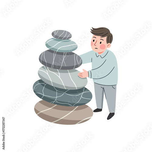 Conceptual illustration of a man creating balance with a precarious stack of zen stones