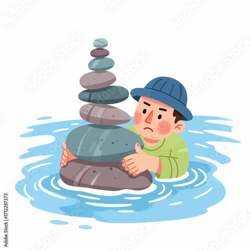 Balancing Act Man Carefully Stacking Stones in Water, Skillful and Patient Construction