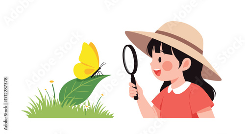 A young girl with a magnifying glass observes a yellow butterfly on a leaf.