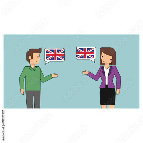People communicating in English language with speech bubbles.