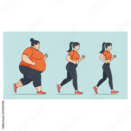 Weight loss journey of a woman running, fitness and health concept.