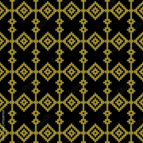 Geometric ethnic seamless pattern, gold, black colorful festive pixel red, gree, yellow. Design for home decoration, cloth, garment.
