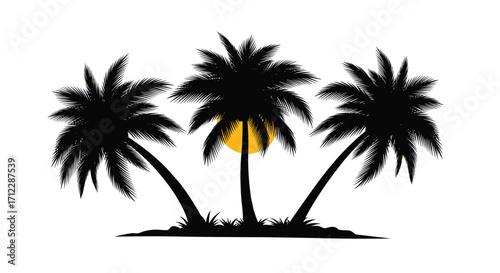 Three silhouetted palm trees against a setting sun on a tropical island.