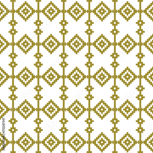 Geometric ethnic seamless pattern, gold, black colorful festive pixel red, gree, yellow. Design for home decoration, cloth, garment.