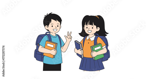 Two young students with backpacks and books on their way to school.
