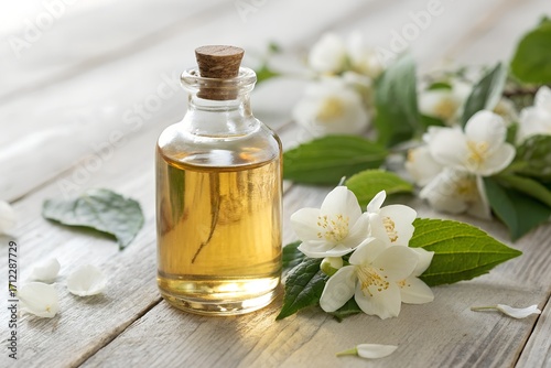Small Glass Bottle of Golden Oil with Jasmine Flowers and Leaves 
