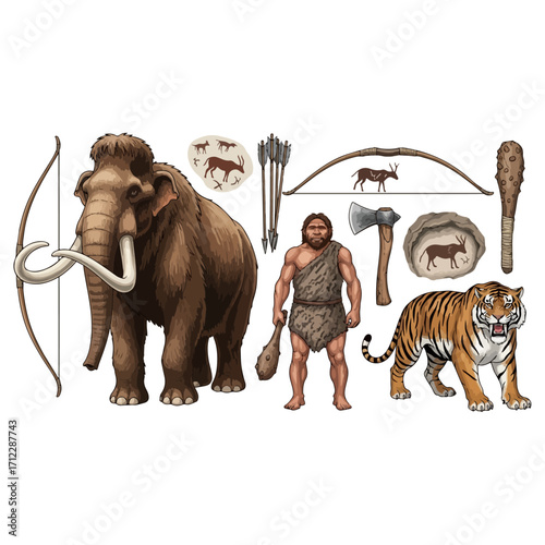 Prehistoric scene featuring mammoth, caveman, and tiger.