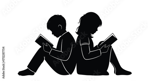 Two children sitting back to back reading books together.