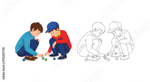 Two boys playing with marbles on the floor.
