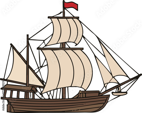 Wooden sailing ship with white sails floats on the open sea, representing adventure and exploration in a vintage style, evoking a sense of maritime history.